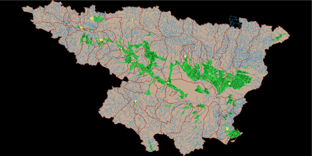 Dank Open Science können Chris’ Modellierungen auch anderen Wissenschaftern helfen. Im Bild: das Einzugsgebiet des Ebro in Spanien, samt Bewässerungswirtschaft in grün. (Bild: Christopher Knittel, CC by 4.0)