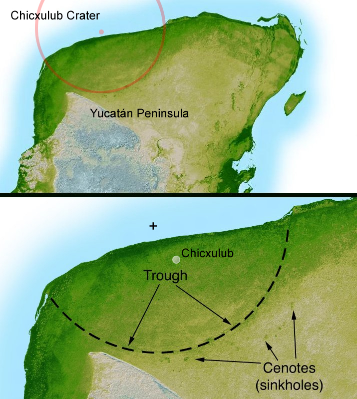 Eine Karte des Kraters Chicxulub auf der Yucatán-Halbinsel. Der Rand des Kraters ist eingezeichnet.