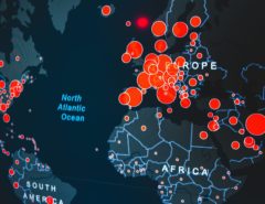 Weltkarte der Corona Hotspots mit roten Kreisen markiert