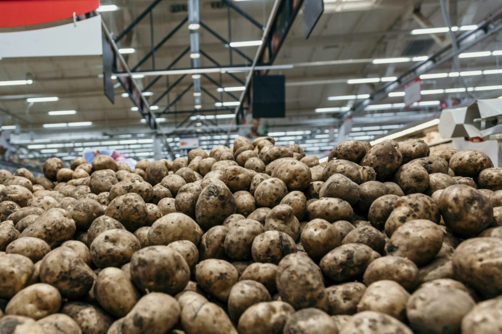 Das Bild zeigt einen Haufen Kartoffeln, der in einer Halle liegt.