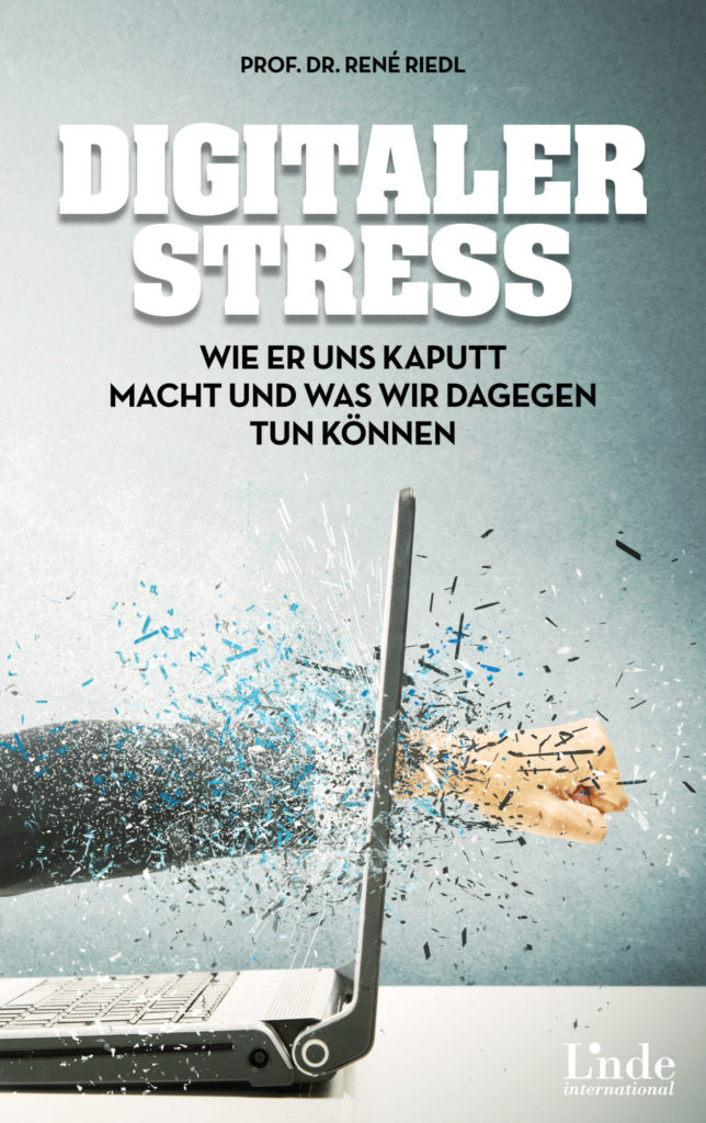 Cover das Buchs "Digitaler Stress". Auf dem Bild schlägt jemand mit der Faust durch den Bildschirm eines Laptops.