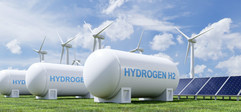 Wasserstoff-Energiespeicher-Gastank für Solar- und Windkraftanlagen mit sauberem Strom. 3D-Rendering