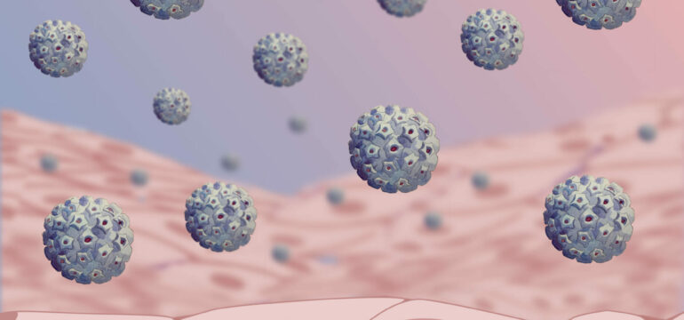 Illustration von HP-Viren, die Epithelzellen im Gebärmutterhals befallen.