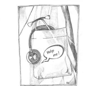 Ein Beispiel eines Medical Comics: Es ist der Kittel eines Arztes/einer Ärztin inklusive Stethoskop zu sehen. Darunter steht der Schriftzug "Help Me".