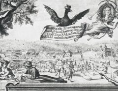 Verdeutlicht das Treiben auf einer adeligen Grundherrschaft mit früher Industrie: der Titelkupfer über die Waldsteinschen Manufakturen, vorne in der linken unteren Ecke sieht man, wie Beamte und Händler Geld zählen, im Hintergrund ist das protoindustrielle Dorf zu sehen und über allem prangt Karl VI.