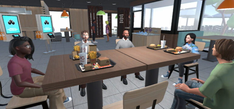 Szene aus Simville: Verschiedene Personen sitzen an einem Tisch, vor ihnen steht Essen.