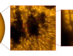 Links: Aufnahme der Sonne vom Observatorium Kanzelhöhe der Universität Graz. Mitte und rechts: Hochaufgelöste Aufnahmen eines kleinen Sonnenausschnitts vom Daniel K. Inouye Solar Telescope auf Hawaii, die mit der neu entwickelten Methode rekonstruiert wurden. Feinste Details auf der Sonnenoberfläche konnten sichtbar gemacht werden.